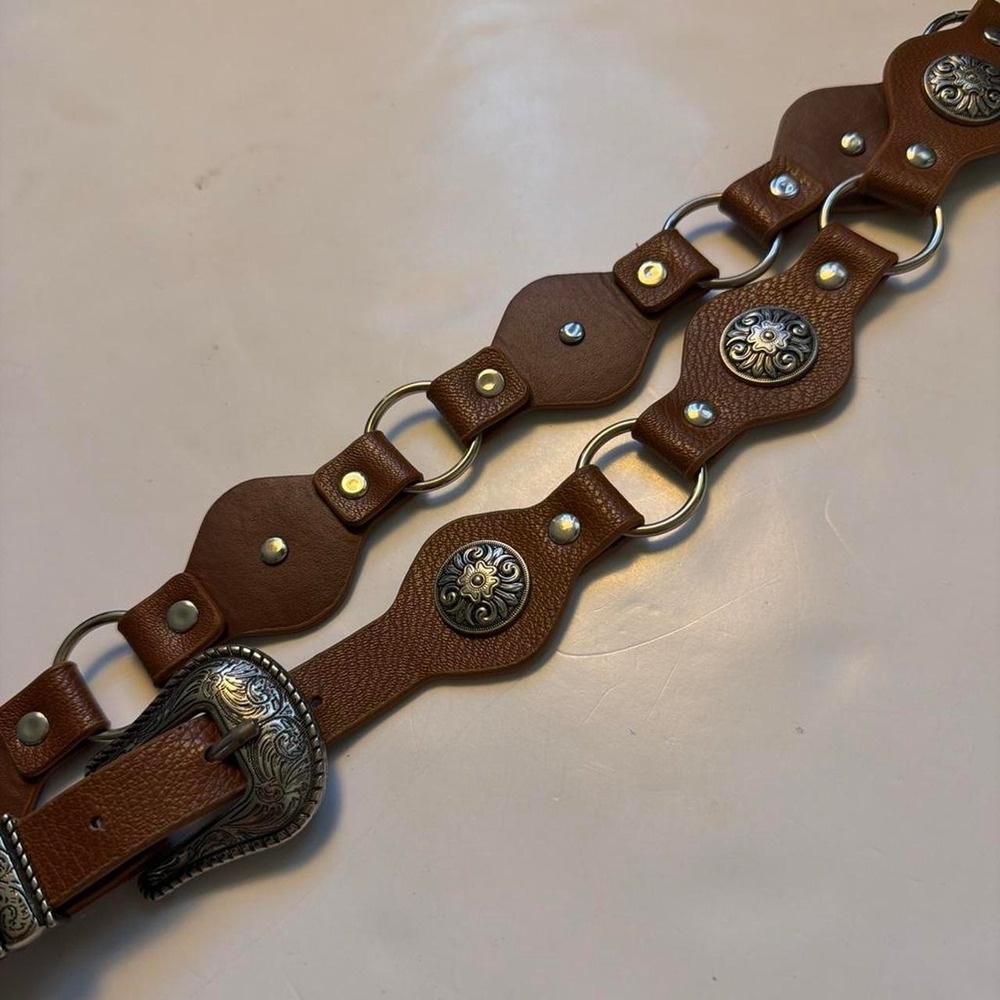 Western Brown Belt Silver Conchos Ornate Metal Buckle Boho Cowgirl Large